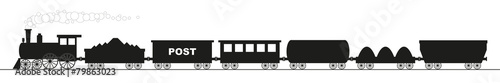 black silhouette of a locomotive with six different wagons