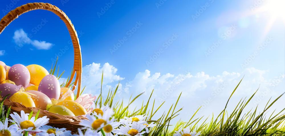 Fototapeta premium Colorful Easter eggs decorated with flowers in the grass on blue