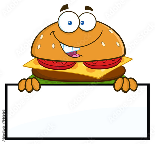 Hamburger Cartoon Character Over A Blank Sign