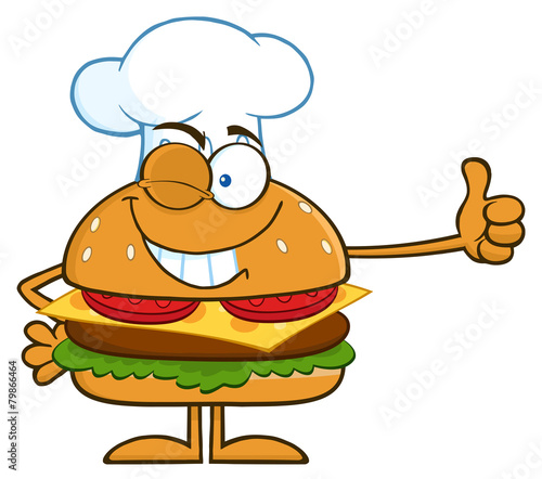 Winking Chef Hamburger Cartoon Character Showing Thumbs Up