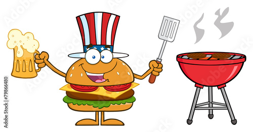 Hamburger Holding A Beer And Bbq Slotted Spatula By A Grill