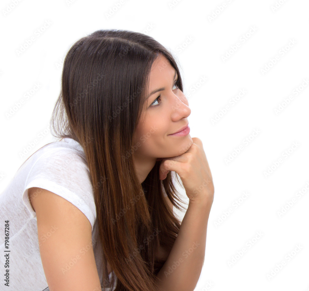 Portrait of happy young brunette woman thinking Portrait of happy young brunette woman thinking