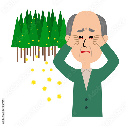 An elderly man with itchy eyes, allergy caused by cedar pollen