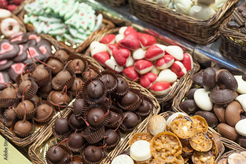 Variety of chocolates at a market stall, La Boqueria Market