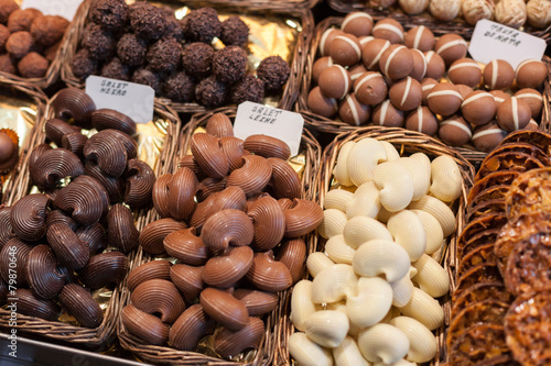 Variety of chocolates at a market stall, La Boqueria Market