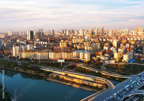 Aerial view of city at dusk