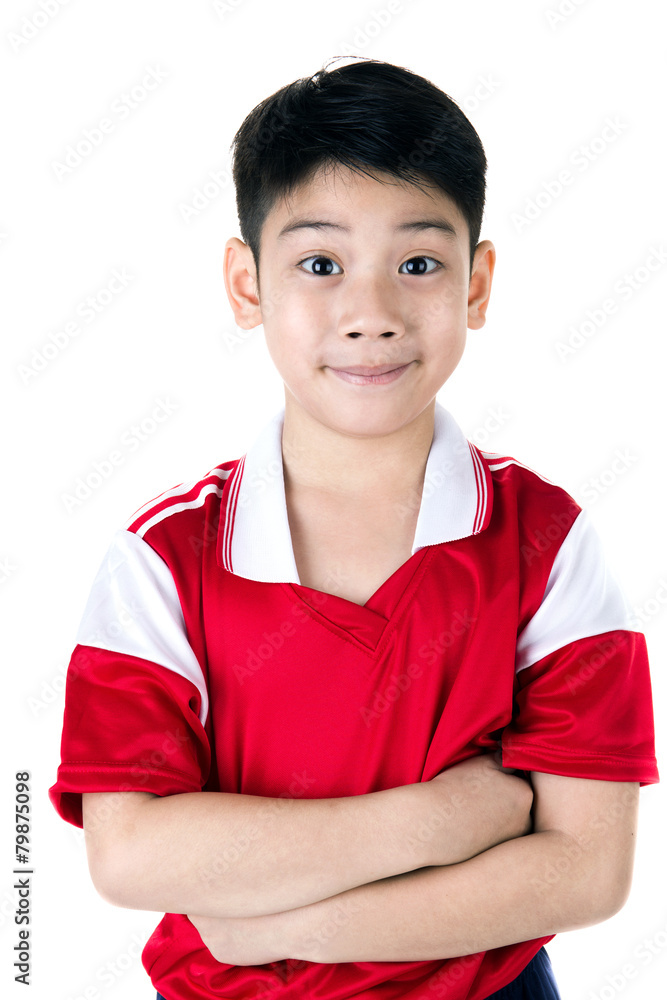 Portrait of Happy asian cute boy in red sport uniform Portrait of Happy asian cute boy in red sport uniform