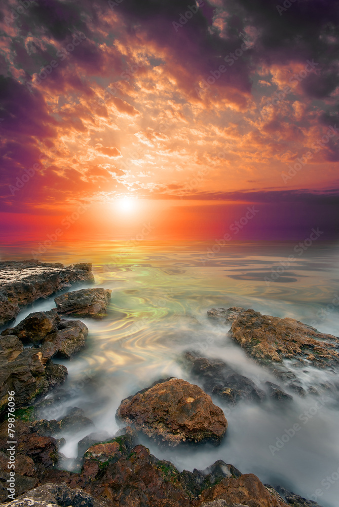 Fototapeta premium Rocks, sea, bloody sunset.