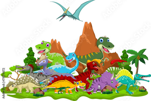 Dinosaur cartoon with landscape background