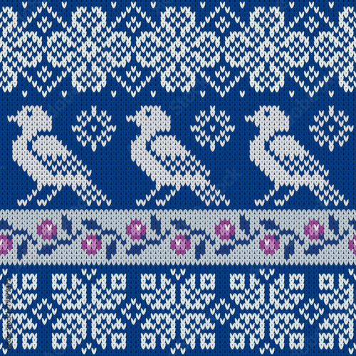 seamless knitted pattern with snowflakes and bird