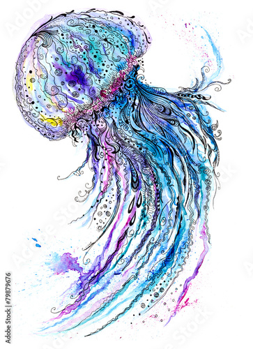 Jelly fish watercolor and ink painting