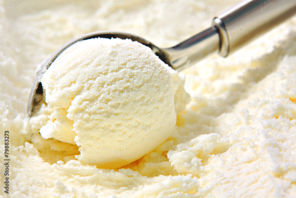 Vanilla ice cream scooped out of container - obrazy, fototapety, plakaty 