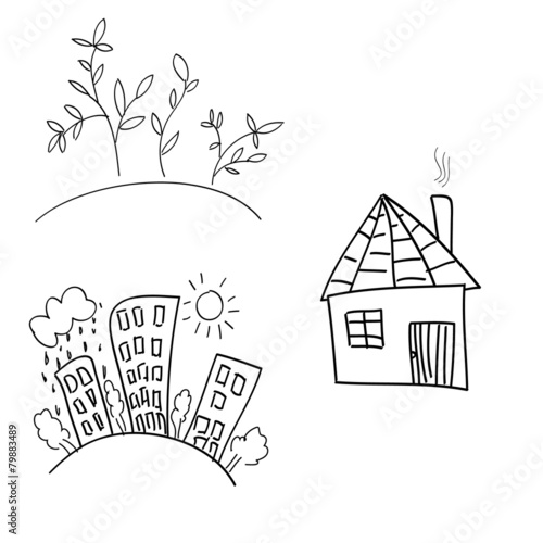 Illustration of hand drawn houses on white