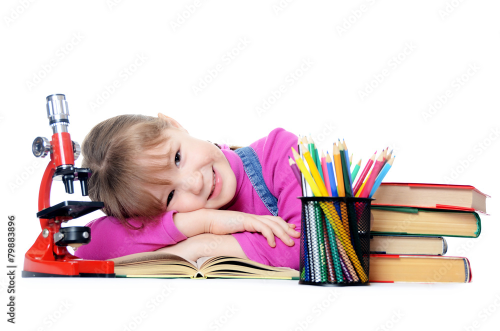 The little girl learn isolated on white background