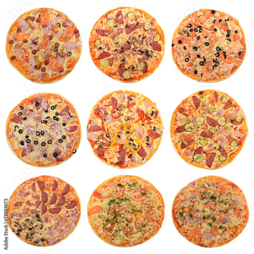 Collage of mixed pizza from top on white