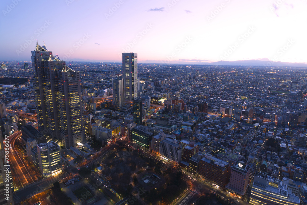 Fototapeta premium 夕焼けトワイライト 新宿高層ビルから超広角で望む 富士山と東京街並全景 遥かかなた横浜まで