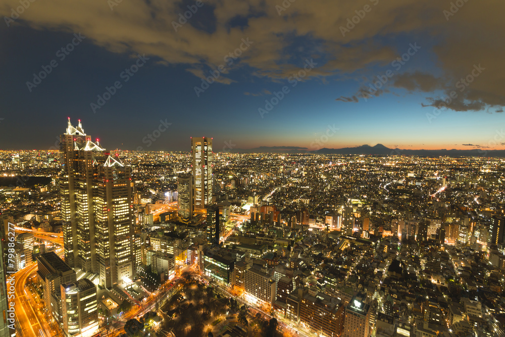 新宿高層ビルから超広角で望む　街明りが眩しい夜景　東京街並全景と富士山  南西の方角　　遥か彼方横浜も望む