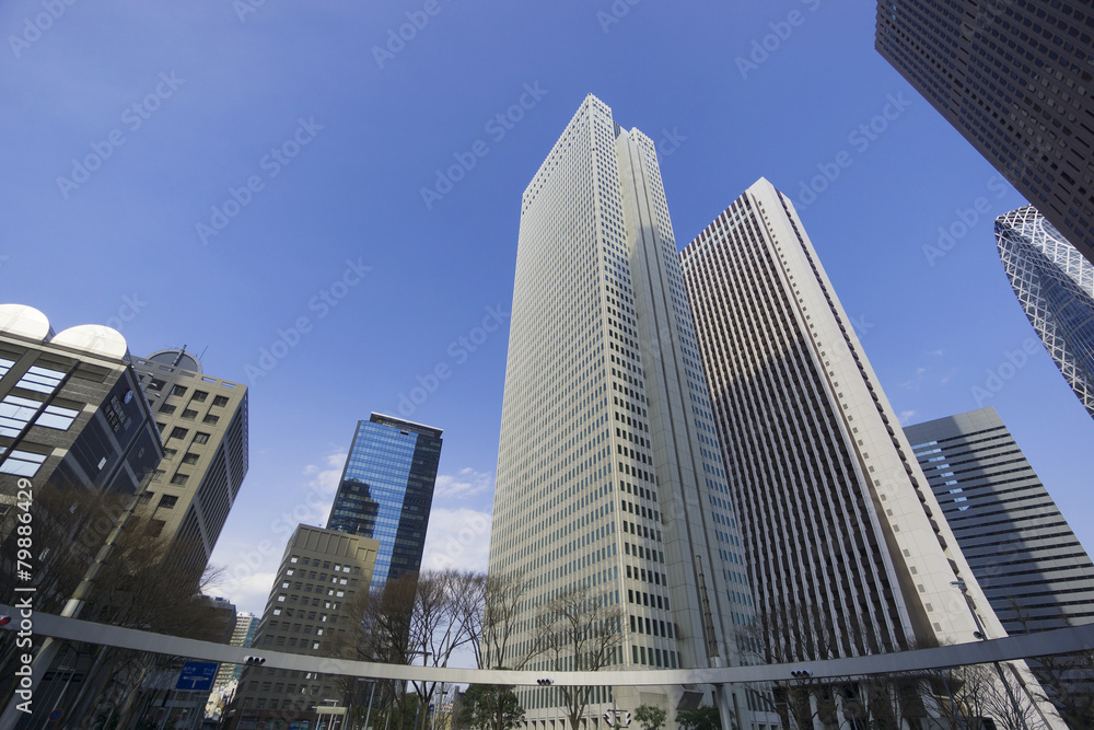 快晴　青空　超広角で見上げる新宿高層ビル群