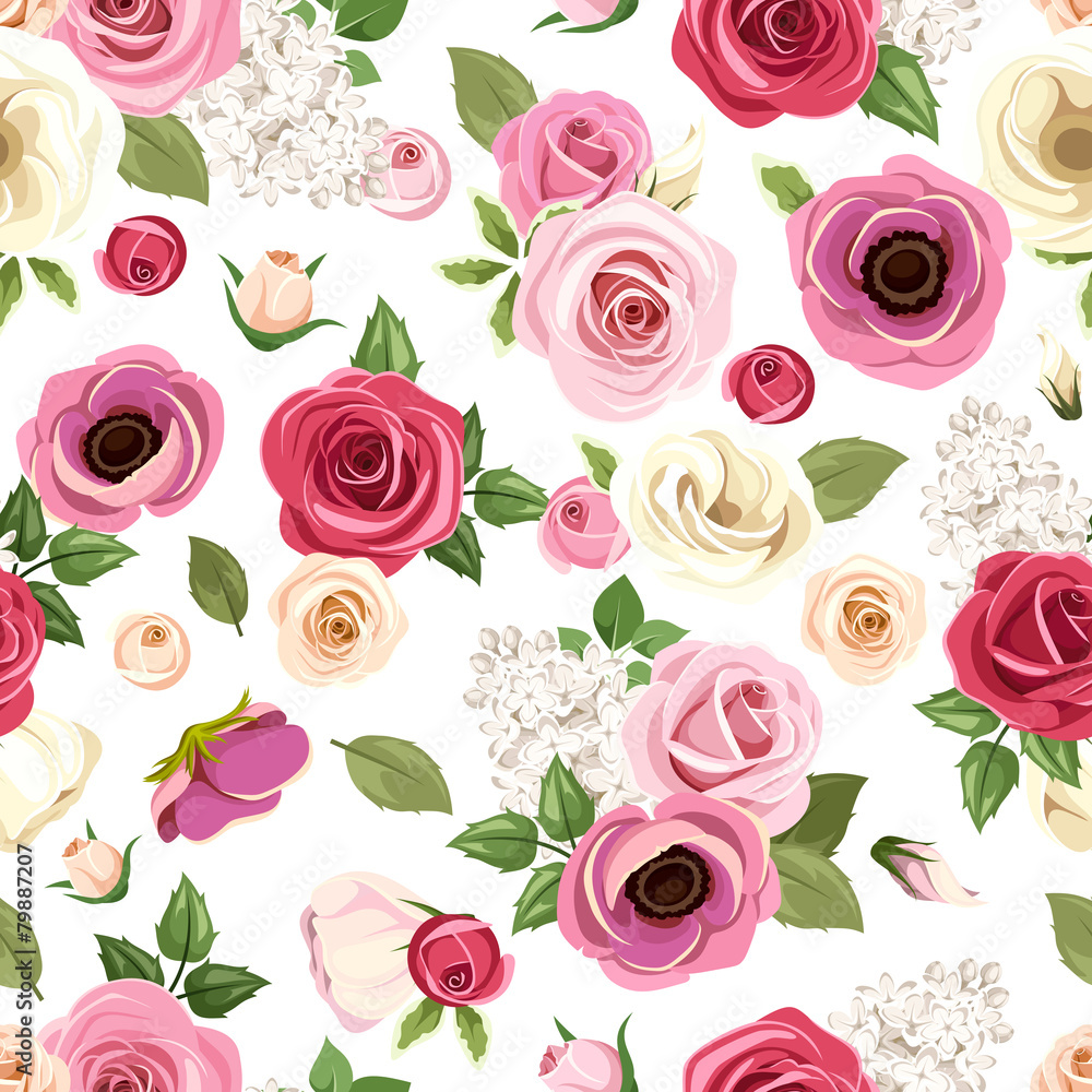 Seamless pattern with colorful roses, lisianthuses and anemones.