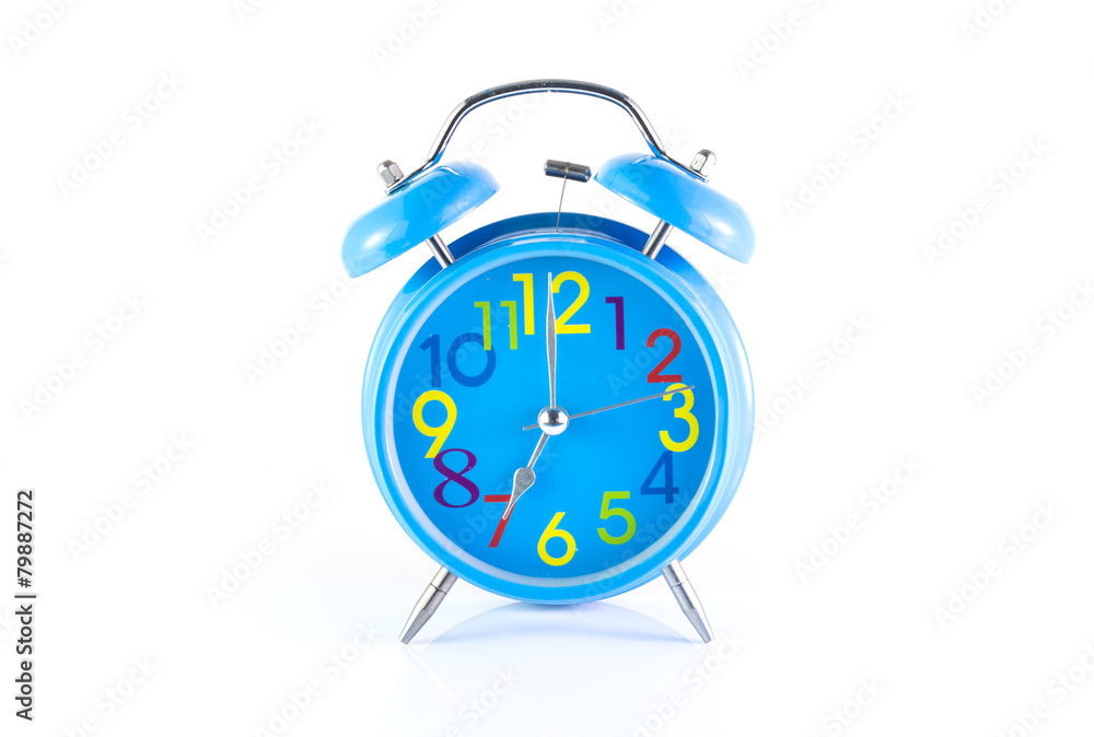 Alarm Clock isolated on white, in blue, showing seven o'clock. Alarm Clock isolated on white, in blue, showing seven o'clock.