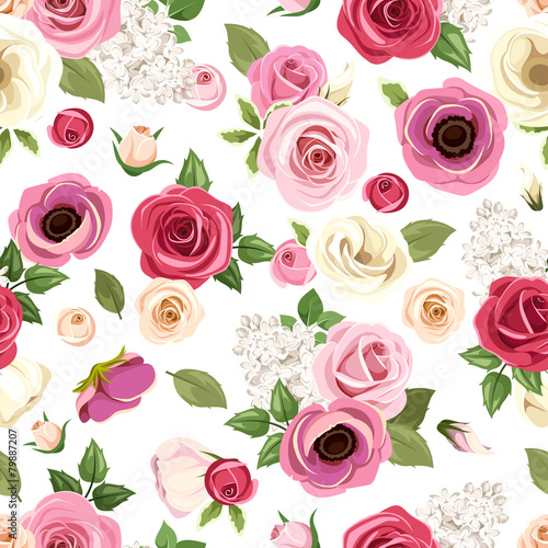 Seamless pattern with colorful roses  lisianthuses and anemones.