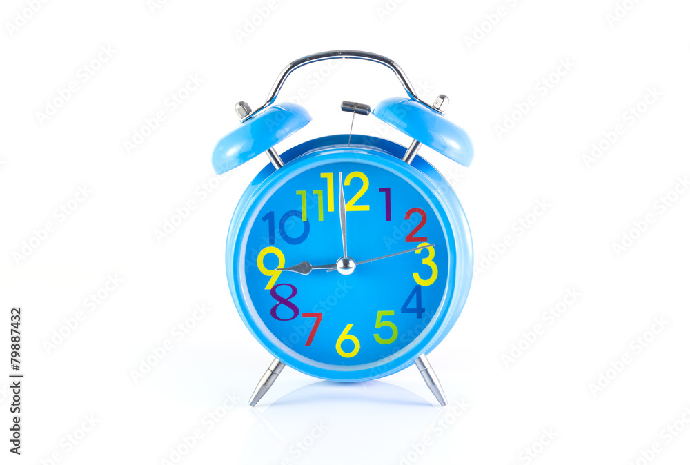 Alarm Clock isolated on white, in blue, showing nine o'clock. Alarm Clock isolated on white, in blue, showing nine o'clock.