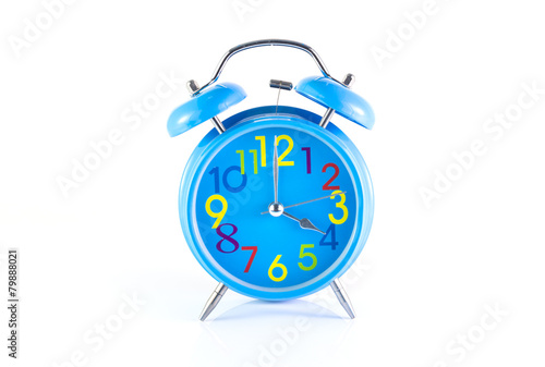 Alarm Clock isolated on white, in blue, showing four o'clock.