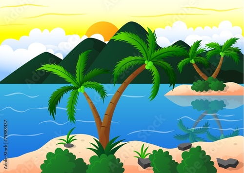 Exotic Beach and Coconut Island Vacation  Vector Illustration