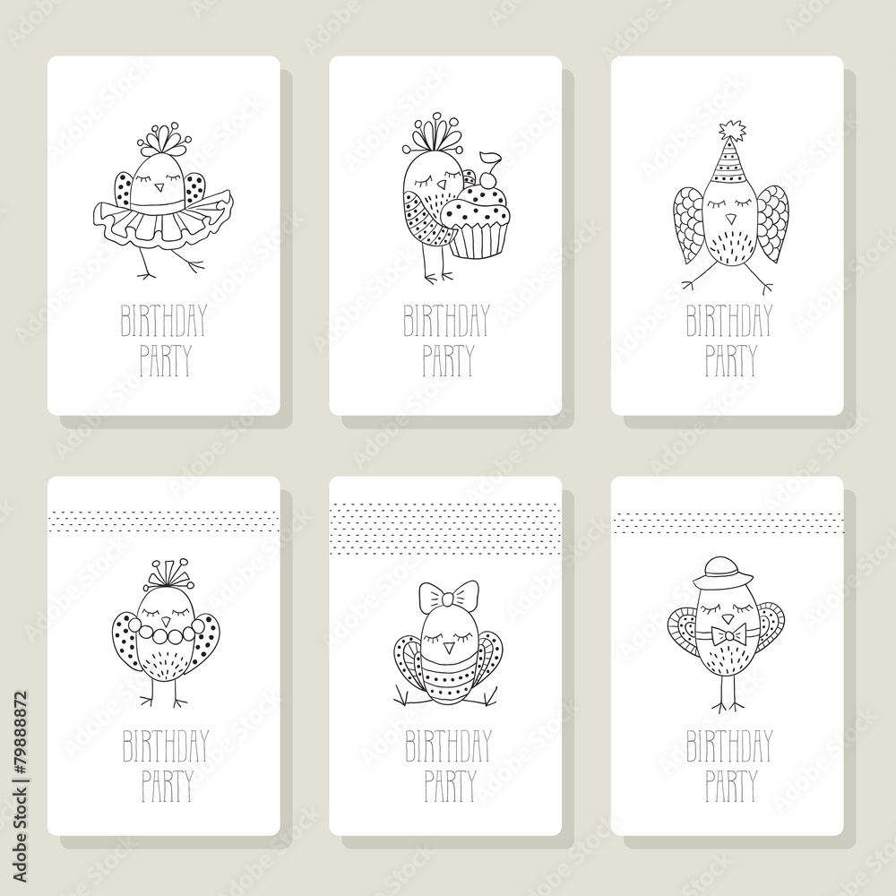 Fotografie Set cards with cute birds in different actions.