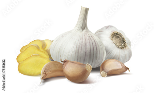 Ginger pieces garlic composition isolated on white background
