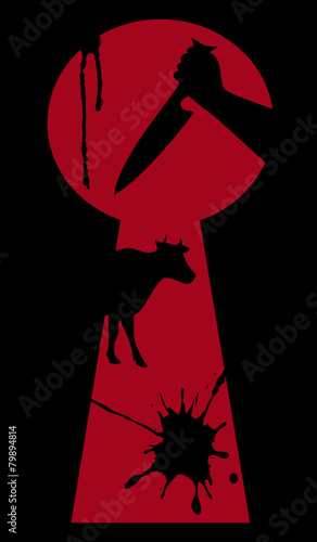Cow with knife in slaughterhouse