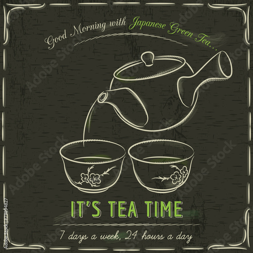 Brown blackboard with  two cup of Japanese Green Tea