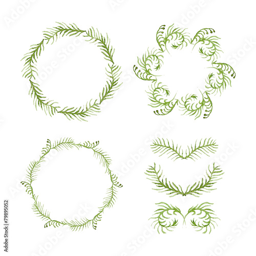 Set of round frames and vignettes made of watercolor ferns.