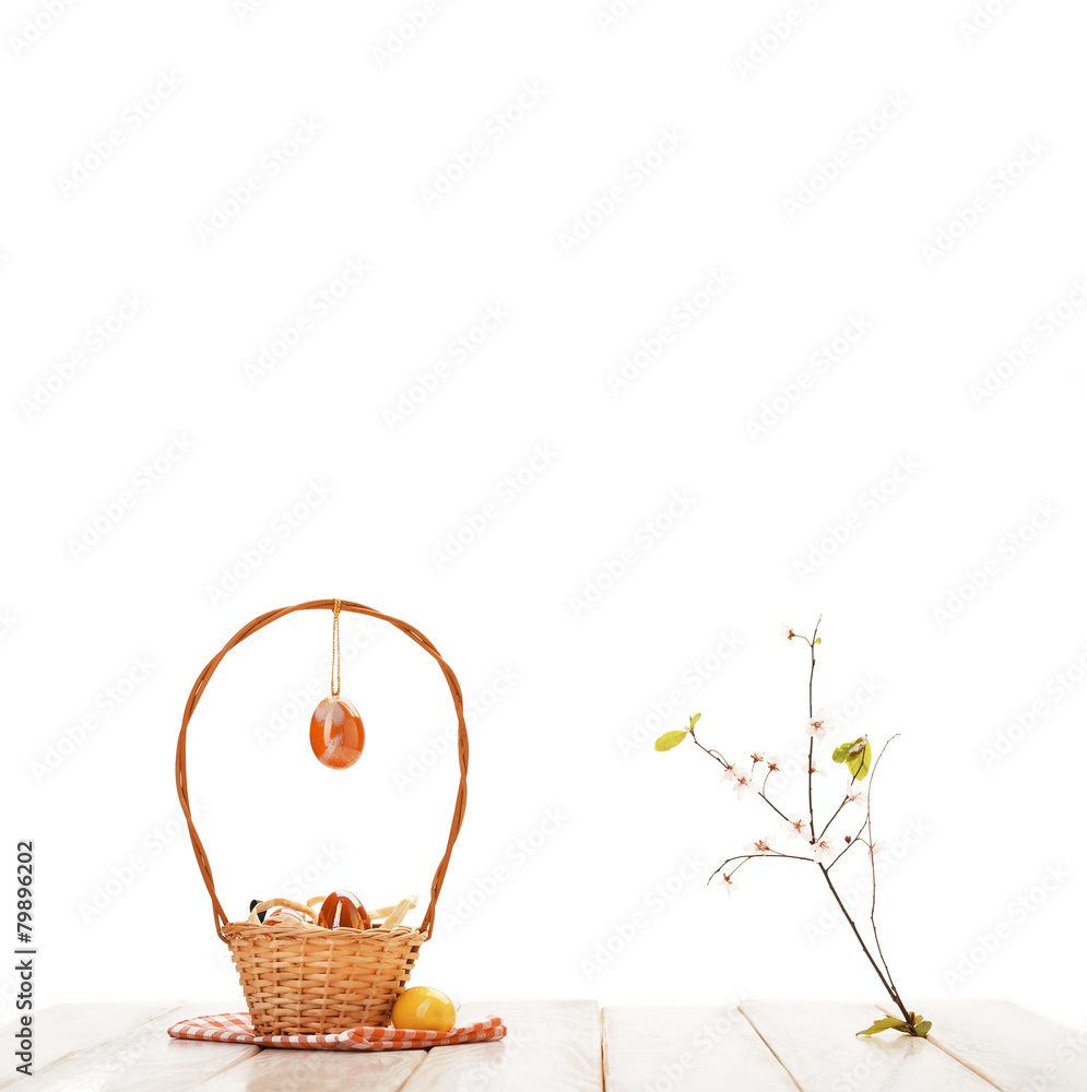 Basket with eggs on picnic table Basket with eggs on picnic table