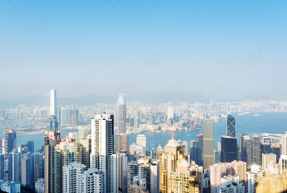 View of skyscrapers in Hong Kong city and Victoria harbor from t