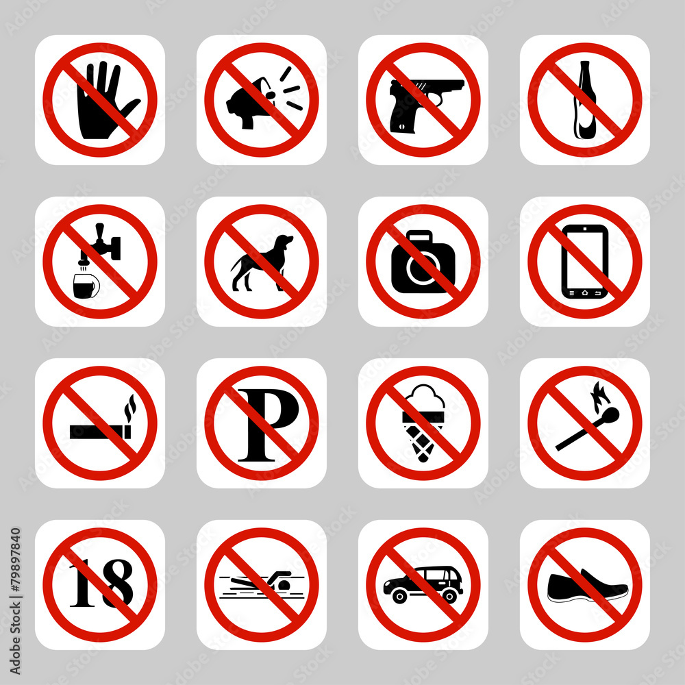Prohibition signs, no symbols vector icon set Prohibition signs, no symbols vector icon set