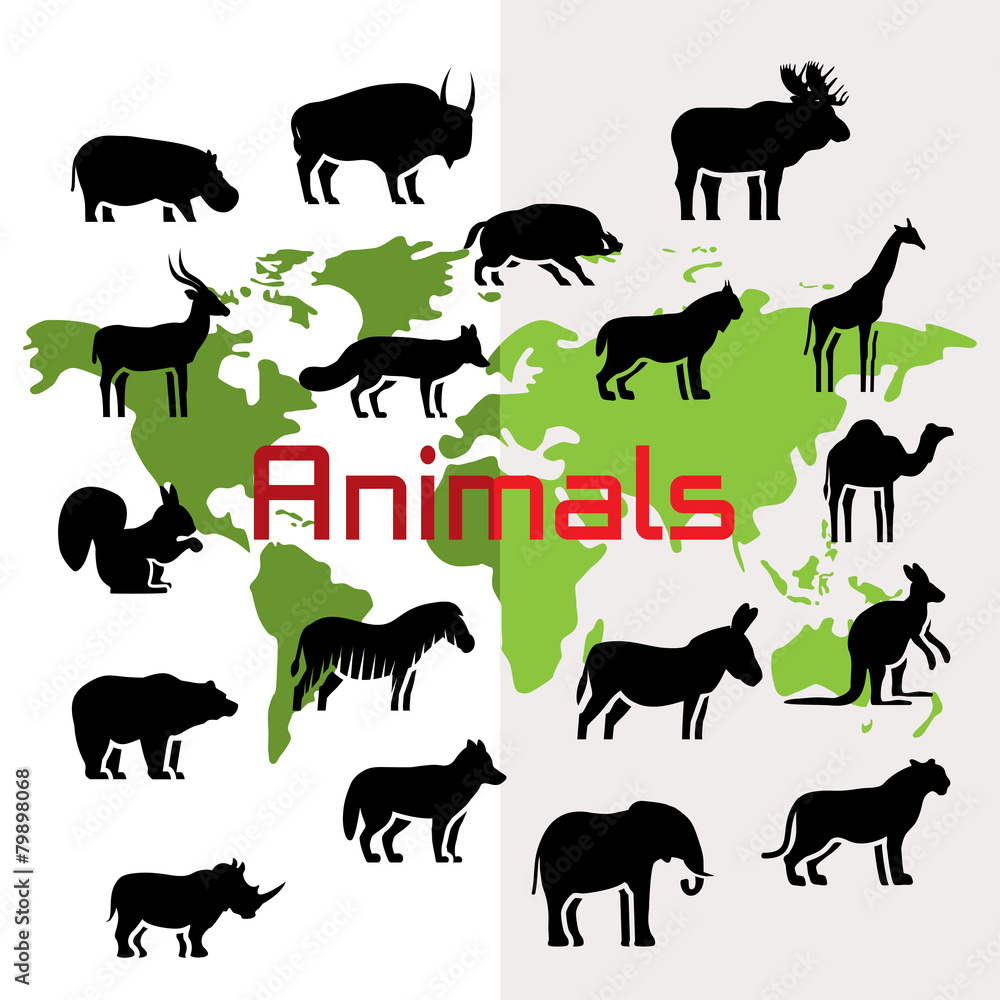 Fototapeta premium Vector animals silhouettes on world map, flat style