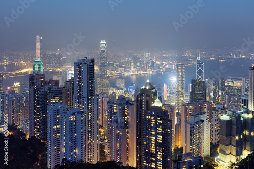 Beautiful view of Hong Kong city from the Victoria Peak at eveni
