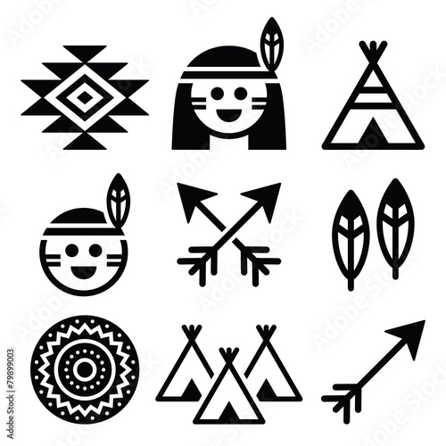 Indian American, indigenous people and culture icons set