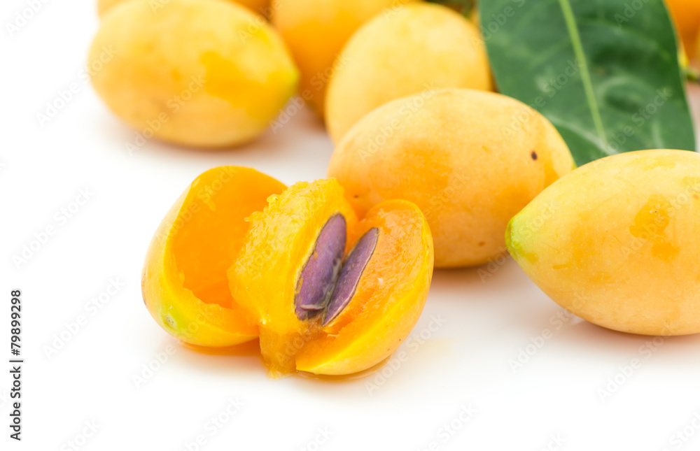 Marian plum slice isolated in white background Marian plum slice isolated in white background