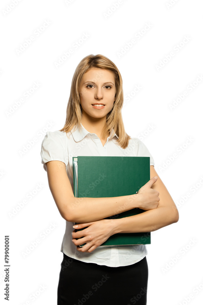 Young business woman holding organizer isolated on white Young business woman holding organizer isolated on white