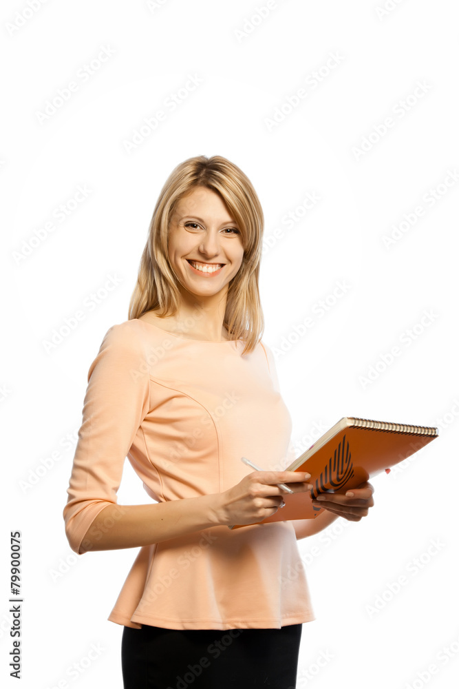 Young business woman holding organizer isolated on white Young business woman holding organizer isolated on white