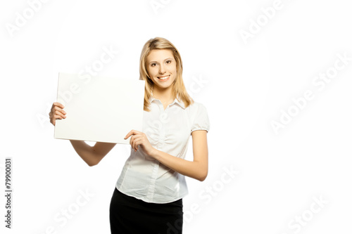 Portrait of a beautiful woman holding a blank billboard