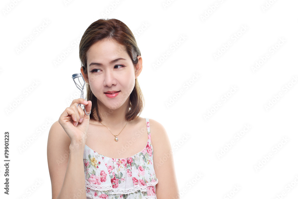 women asian happy smiling with eyelash curler isolated women asian happy smiling with eyelash curler isolated