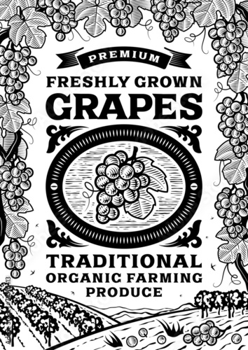 Retro grapes poster black and white