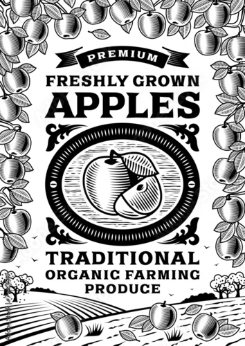 Retro apples poster black and white