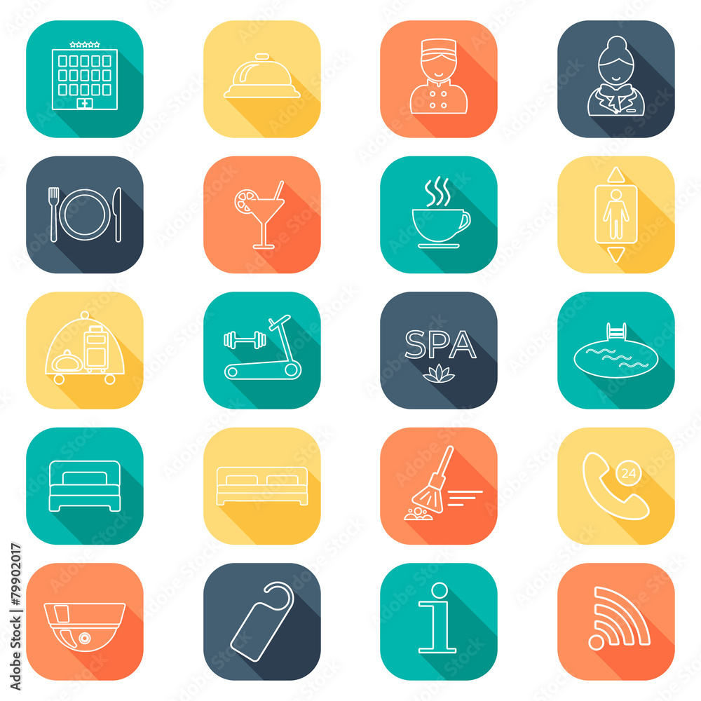 Hotel line icons set. Hotel glyph. Buttons with shadow. Vector Hotel line icons set. Hotel glyph. Buttons with shadow. Vector