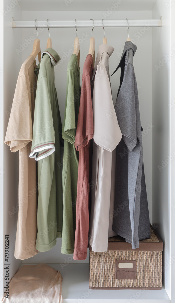 colorful shirts hanging in white wardrobe