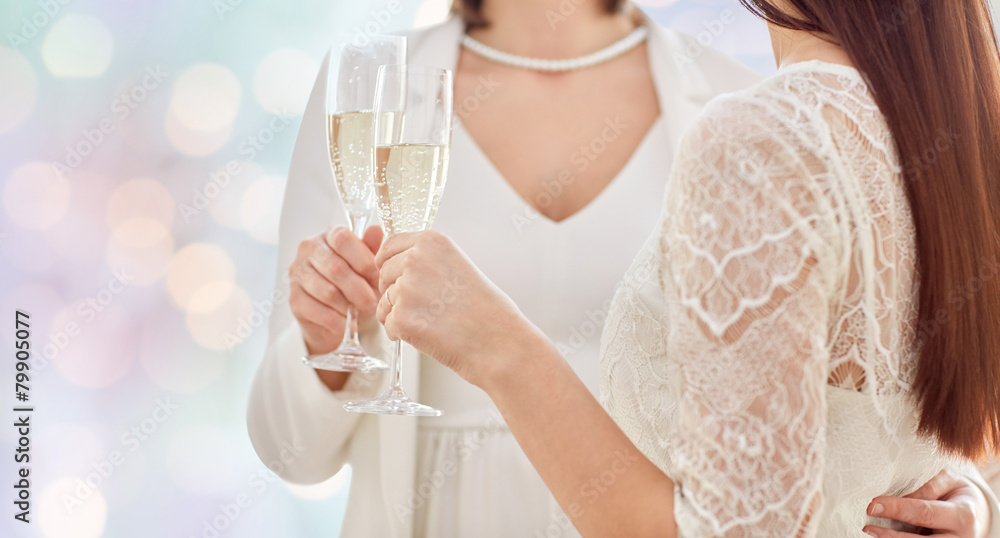 close up of lesbian couple with champagne glasses