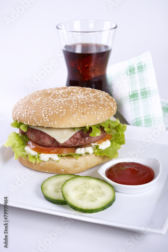 Hamburger with tomato and cucumber